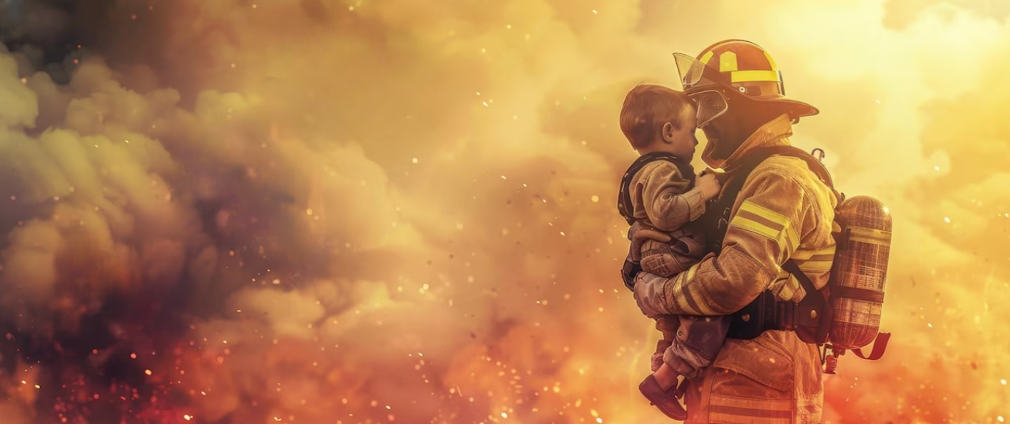 Bombero rescatando a niño